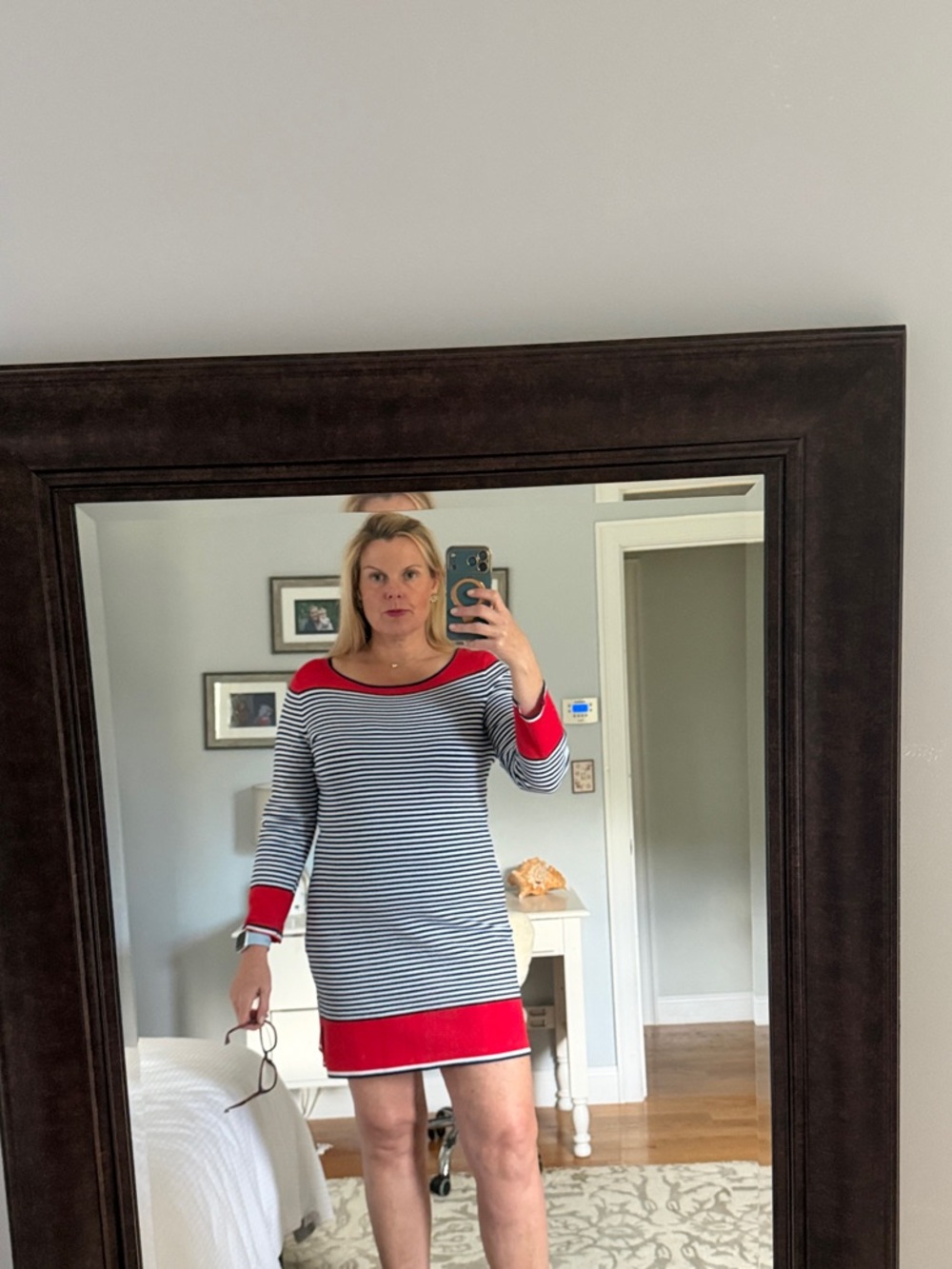 Sail to Sable Navy & White Striped Mini Dress with Red Trim